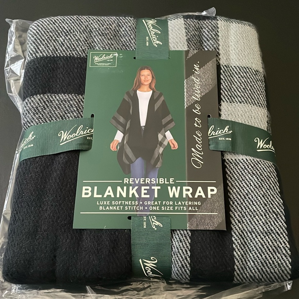 WOOLRICH Reversible Blanket Wrap, Acrylic, Women’s One Size, Black Gray